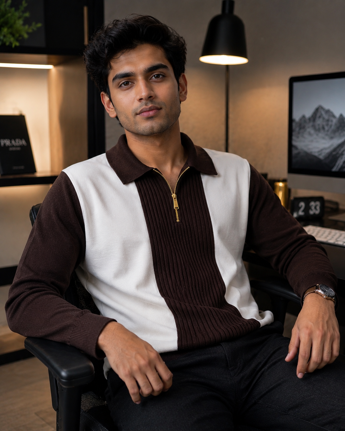 Men Colorblock Zip Polo Sweater