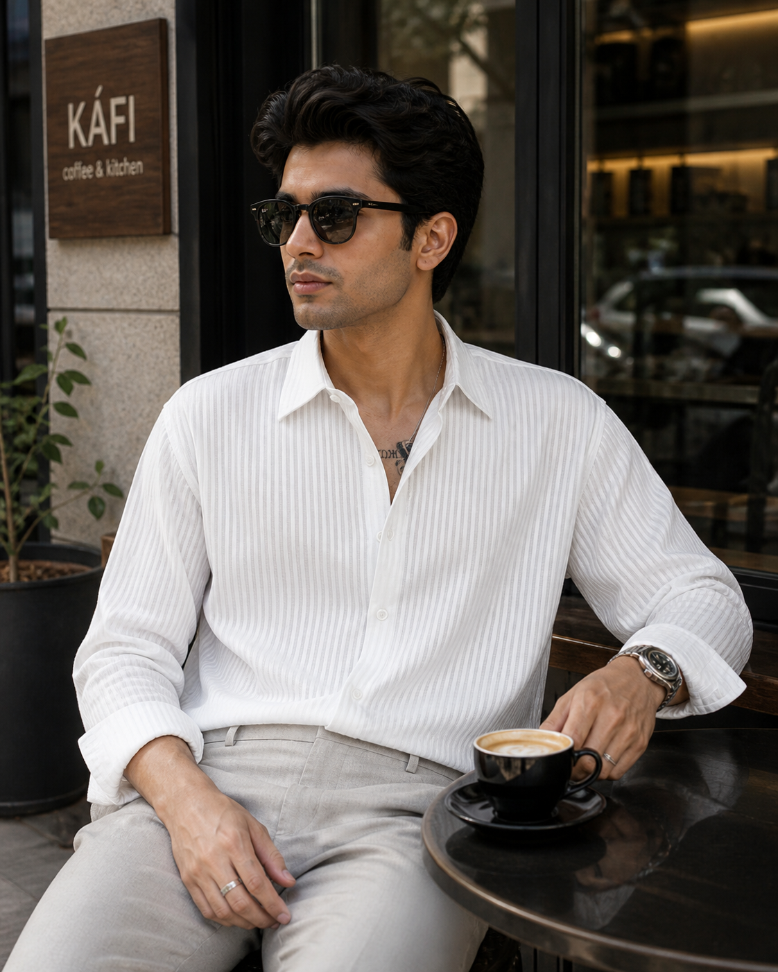 Men White Textured Full Sleeve Shirt